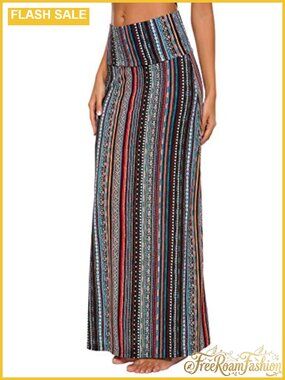 High Waist Fold-Over Flared Maxi Skirt Solid Stretchy Long Skirt